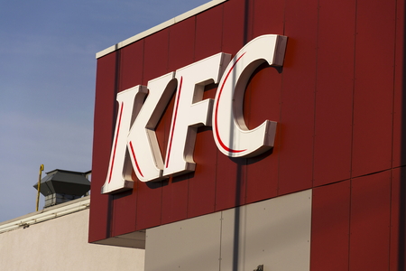 PRAGUE, CZECH REPUBLIC - FEBRUARY 25: KFC international fast food restaurant company logo on...