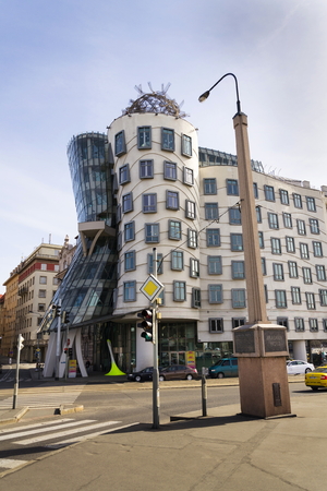 PRAGUE, CZECH REPUBLIC - MARCH 3: The Dancing House, nicknamed Fred and Ginger, completed in 1996 for Nationale-Nederlanden by Vlado Milunic and Frank Gehry on March 3, 2017 in Prague, Czech republic.のeditorial素材