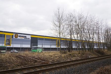 DOBROVIZ, CZECH REPUBLIC - MARCH 12: Online retailer company Amazon fulfillment logistics building on March 12, 2017 in Dobroviz, Czech republic. Amazon is the number 1 Site For Millennial Clothes Shoppers.のeditorial素材