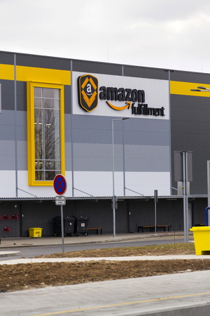 DOBROVIZ, CZECH REPUBLIC - MARCH 12: Online retailer company Amazon fulfillment logistics building on March 12, 2017 in Dobroviz, Czech republic. Amazon is the number 1 Site For Millennial Clothes Shoppers.のeditorial素材
