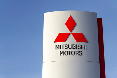 PRAGUE, CZECH REPUBLIC - MARCH 31: Mitsubishi motors company logo in front of dealership building on March 31, 2017 in Prague, Czech republic. GAC Mitsubishi Motors started construction of an engine plant in the central Chinese city of Changsha.のeditorial素材