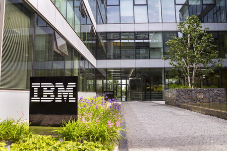 PRAGUE, CZECH REPUBLIC - MAY 22: IBM company logo on headquarters building on May 17, 2017 in Prague, Czech republic. IBMs revenue declines stretch to 20 consecutive quarters fighting rivals in cloud business.のeditorial素材