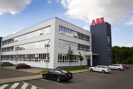 PRAGUE, CZECH REPUBLIC - MAY 26: ABB company logo on headquarters  building on May 26, 2017 in Prague, Czech republic. ABB develops microgrid solution for battery energy storage.のeditorial素材