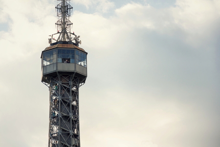 PRAGUE, CZECH REPUBLIC - MAY 22: Tourists on the Petrin lookout tower on May 22, 2017 in Prague, Czech republic.のeditorial素材