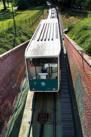 PRAGUE, CZECH REPUBLIC - JUNE 17: Tourists traveling with Petrin funicular railway to the Petrin lookout tower on June 17, 2017 in Prague, Czech republic.のeditorial素材