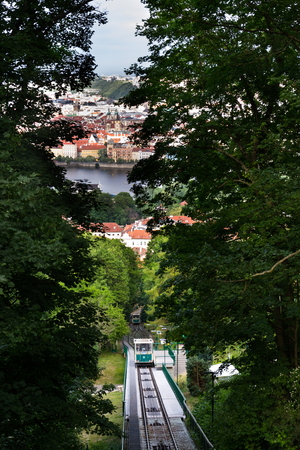 PRAGUE, CZECH REPUBLIC - JUNE 17: Tourists traveling with Petrin funicular railway to the Petrin lookout tower on June 17, 2017 in Prague, Czech republic.のeditorial素材