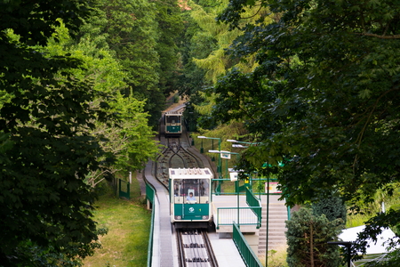 PRAGUE, CZECH REPUBLIC - JUNE 17: Tourists traveling with Petrin funicular railway to the Petrin lookout tower on June 17, 2017 in Prague, Czech republic.のeditorial素材