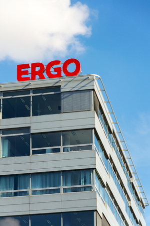 PRAGUE, CZECH REPUBLIC - OCTOBER 14: Ergo group from German Munich re insurance companies logo on building of the Czech headquarters on October 14, 2017 in Prague, Czech republic. Munich Re is working on ways to insure high-speed capsule transportation syのeditorial素材