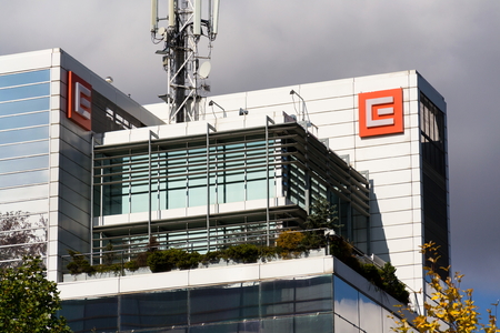 PRAGUE, CZECH REPUBLIC - OCTOBER 14: CEZ group company logo on headquarters building on October 14,...