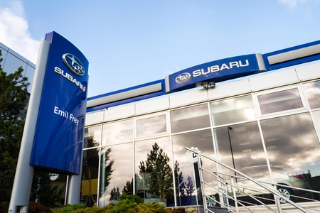 PRAGUE, CZECH REPUBLIC - OCTOBER 27: Subaru company logo on dealership building on October 27, 2017 in Prague. Subaru admits it allowed unauthorised technicians to inspect vehicles for domestic market.のeditorial素材