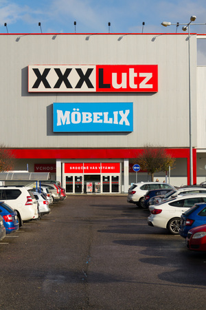 PRAGUE, CZECH REPUBLIC - OCTOBER 27: XXXLutz Mobelix corporation logo on supermarket building on October 27, 2017 in Prague.のeditorial素材