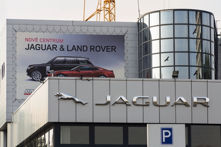 PRAGUE, CZECH REPUBLIC - NOVEMBER 5: Jaguar car manufacturer company logo in front of dealership building on November 5, 2017 in Prague. BlackBerry Ltd. is in advanced talks with Tata Motors Jaguar Land Rover unit to provide the car maker with a software のeditorial素材