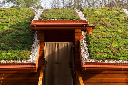 Green living roof on wooden building covered with vegetationの写真素材
