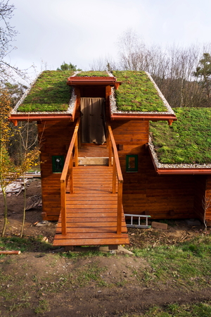 Green living roof on wooden building covered with vegetationの写真素材