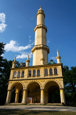 LEDNICE, CZECH REPUBLIC - AUGUST 10: People in front of the Lednice Minaret romantic lookout tower in Lednice Valtice area on August 10, 2017 in Lednice, Czech Republic.のeditorial素材