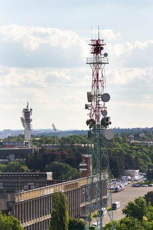 PRAGUE, CZECH REPUBLIC - JUNE 17 2017: The Great Strahov Stadium with telecommunication tower seen from Petrin tower on sunny summer day on June 17, 2017 in Prague, Czech Republic.のeditorial素材