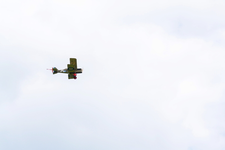 PLASY, CZECH REPUBLIC - APRIL 30 2017: British biplane aircraft from First World War Sopwith Strutter replica flying on April 30, 2017 in Plasy, Czech Republic.のeditorial素材