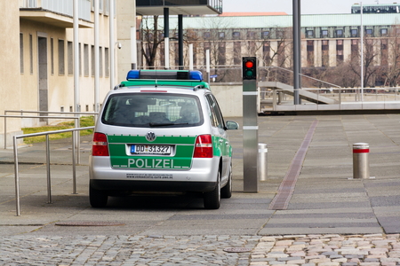 DRESDEN, GERMANY - APRIL 2 2018: Police car standing on street on April 2, 2018 in Dresden, Germany.のeditorial素材