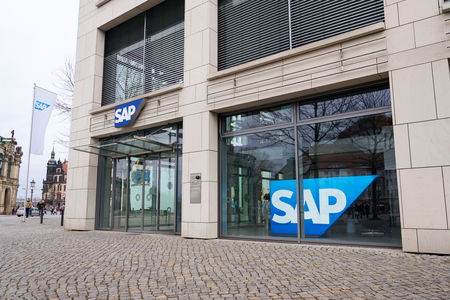 DRESDEN, GERMANY - APRIL 1 2018: SAP multinational software corporation logo on headquarters building on April 1, 2018 in Dresden, Germany.のeditorial素材