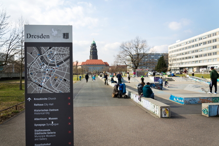 Dresden map in Lingnerallee skatepark with City Hall in backgroundのeditorial素材