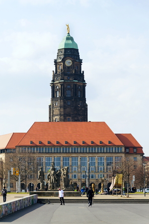 DRESDEN, GERMANY - APRIL 1 2018: People in Lingneralle skatepark with City Hall in background on April 1, 2018 in Dresden, Germany.のeditorial素材