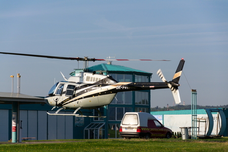 PRIBRAM, CZECH REPUBLIC - APRIL 25 2018: Bell 206 B JetRanger III two-bladed helicopter landing on...