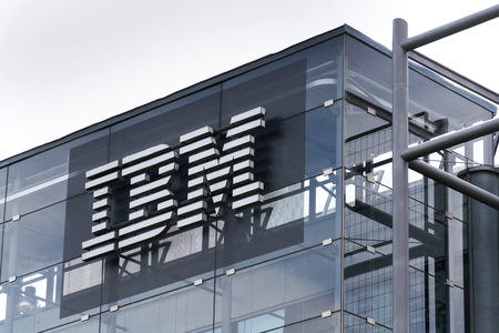 PRAGUE, CZECH REPUBLIC - MAY 10 2018: IBM company logo on headquarters building on May 10, 2018 in...