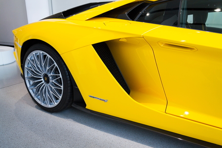 BERLIN, GERMANY - APRIL 15 2018: Car detail of Lamborghini Aventador S coupe standing at Volkswagen Group forum Drive on April 15, 2018 in Berlin, Germany.のeditorial素材