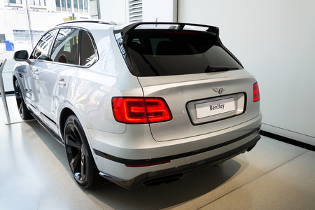 BERLIN, GERMANY - APRIL 15 2018: Bentley Bentayga car standing at Volkswagen Group forum Drive on...