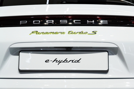 BERLIN, GERMANY - APRIL 15 2018: Porsche Panamera Turbo S E-Hybrid Sport Turismo car standing at...