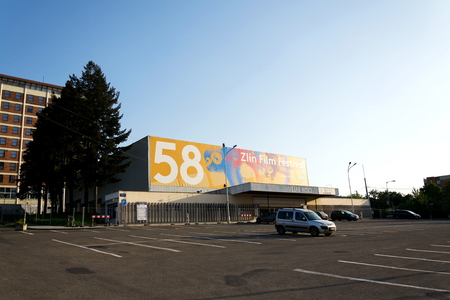 ZLIN, CZECH REPUBLIC - APRIL 29 2018: Zlin International Film Festival for children and youth poster on big cinema in front of Hotel Moskva on Namesti Prace on April 29, 2018 in Zlin, Czech Republic.のeditorial素材