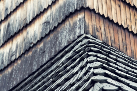 Old traditional wooden shingled roof pattern background, copy spaceの写真素材