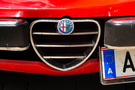 SAALBACH-HINTERGLEMM, AUSTRIA - JUNE 21 2018: Vintage car Alfa Romeo 1300 cabriolet oldsmobile veteran preparing for Saalbach Classic rally on June 21, 2018 in Saalbach-Hinterglemm, Austria.のeditorial素材