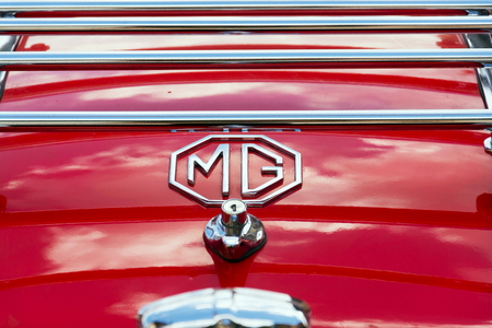SAALBACH-HINTERGLEMM, AUSTRIA - JUNE 21 2018: Vintage car MG MGA 1600 roadster oldsmobile veteran preparing for Saalbach Classic rally on June 21, 2018 in Saalbach-Hinterglemm, Austria.のeditorial素材