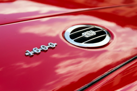 SAALBACH-HINTERGLEMM, AUSTRIA - JUNE 21 2018: Vintage car MG MGA 1600 roadster oldsmobile veteran preparing for Saalbach Classic rally on June 21, 2018 in Saalbach-Hinterglemm, Austria.のeditorial素材
