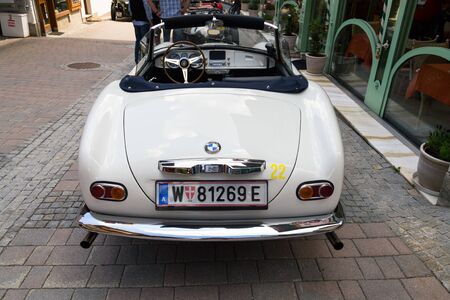 SAALBACH-HINTERGLEMM, AUSTRIA - JUNE 21 2018: Vintage car BMW 507 roadster oldsmobile veteran produced from 1956 to 1959 on June 21, 2018 in Saalbach-Hinterglemm, Austria.のeditorial素材