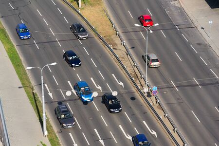 ZLIN, CZECH REPUBLIC - APRIL 29 2018: Birds eye view of busy road with cars before crosswalk intersection on April 29, 2018 in Zlin, Czech Republic.のeditorial素材