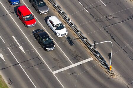 ZLIN, CZECH REPUBLIC - APRIL 29 2018: Birds eye view of busy road with cars before crosswalk intersection on April 29, 2018 in Zlin, Czech Republic.のeditorial素材