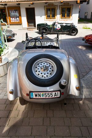 SAALBACH-HINTERGLEMM, AUSTRIA - JUNE 21 2018: Vintage car BMW 328 roadster oldsmobile veteran produced from 1936 to 1940 stands on June 21, 2018 in Saalbach-Hinterglemm, Austria.のeditorial素材