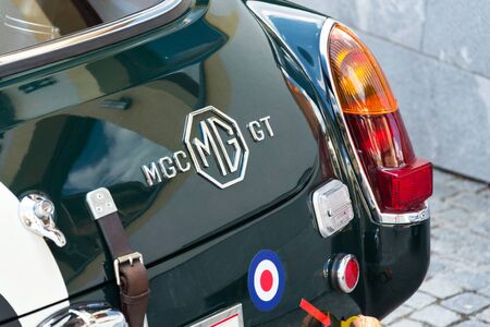 SAALBACH-HINTERGLEMM, AUSTRIA - JUNE 21 2018: Vintage car MG MGC GT coupe oldsmobile veteran stands on June 21, 2018 in Saalbach-Hinterglemm, Austria.のeditorial素材
