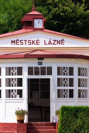 MSENO, CZECH REPUBLIC - JULY 22 2018: People swimming in art deco Mestske lazne - city baths on July 22, 2018 in Mseno, Czech Republic.のeditorial素材