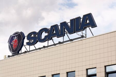 PRAGUE, CZECH REPUBLIC - AUGUST 15 2018: Scania AB Swedish company logo on service dealership headquarters on August 15, 2018 in Prague, Czech Republic.のeditorial素材