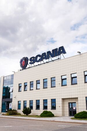 PRAGUE, CZECH REPUBLIC - AUGUST 15 2018: Scania AB Swedish company logo on service dealership headquarters on August 15, 2018 in Prague, Czech Republic.のeditorial素材