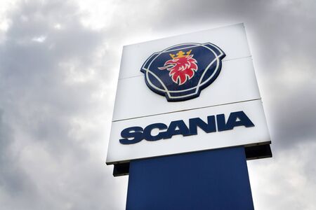 PRAGUE, CZECH REPUBLIC - AUGUST 15 2018: Scania AB Swedish company logo on service dealership headquarters on August 15, 2018 in Prague, Czech Republic.のeditorial素材