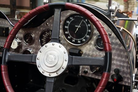 SAALBACH-HINTERGLEMM, AUSTRIA - JUNE 21 2018: Vintage Riley Two Seater Sportscar from 1938 oldsmobile veteran on June 21, 2018 in Saalbach-Hinterglemm, Austria.のeditorial素材