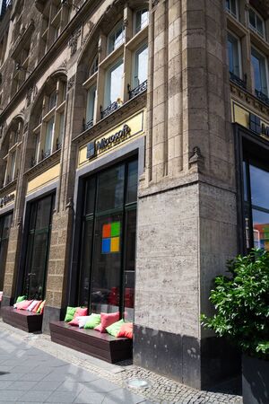 BERLIN, GERMANY - MAY 15 2018: Black Microsoft company logo on business branch building on May 15, 2018 in Berlin, Germany.のeditorial素材