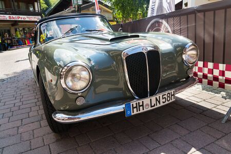 SAALBACH-HINTERGLEMM, AUSTRIA - JUNE 21 2018: Vintage Italian car Lancia Lancia Aurelia B 24 from 1957 oldsmobile veteran on June 21, 2018 in Saalbach-Hinterglemm, Austria.のeditorial素材