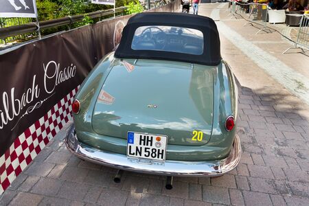 SAALBACH-HINTERGLEMM, AUSTRIA - JUNE 21 2018: Vintage Italian car Lancia Lancia Aurelia B 24 from 1957 oldsmobile veteran on June 21, 2018 in Saalbach-Hinterglemm, Austria.のeditorial素材