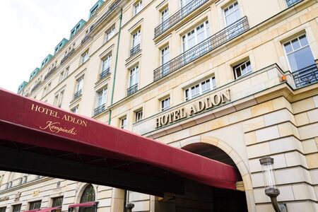 BERLIN, GERMANY - MAY 15 2018: Hotel Adlon Kempinski logo on hotel building near Brandenburg gate on May 15, 2018 in Berlin, Germany.のeditorial素材