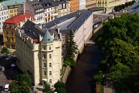 KARLOVY VARY, CZECH REPUBLIC - JULY 3 2016: Beautiful streets of spa town on July 3, 2016 in Karlovy Vary, Czech Republic.のeditorial素材